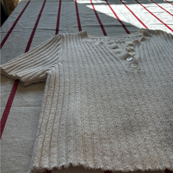 Anthropologie Cream Ribbed Cropped Sweater Top - Picture 2 of 3